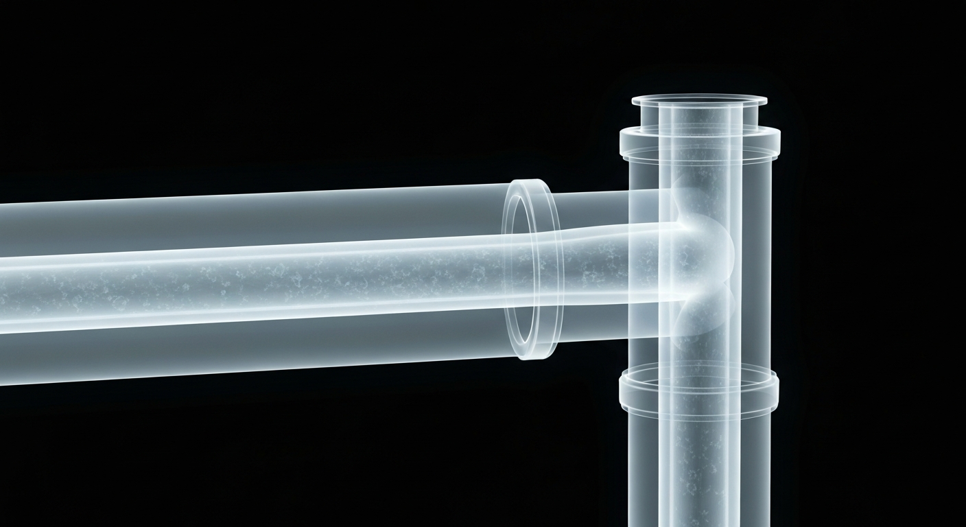 A translucent, ghostly X-ray photograph of a residential water pipe, its internal structure glowing against a dark background to symbolize the unseen health risks of water quality issues.