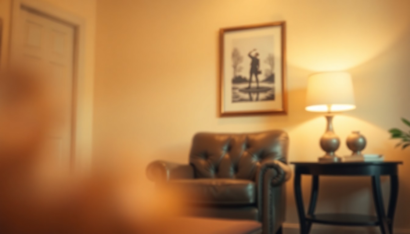 A softly focused, atmospheric photograph depicting the warm, inviting interior of a cozy living room, conceptually representing the tranquil life and legacy of Donald Norman Spradlin.