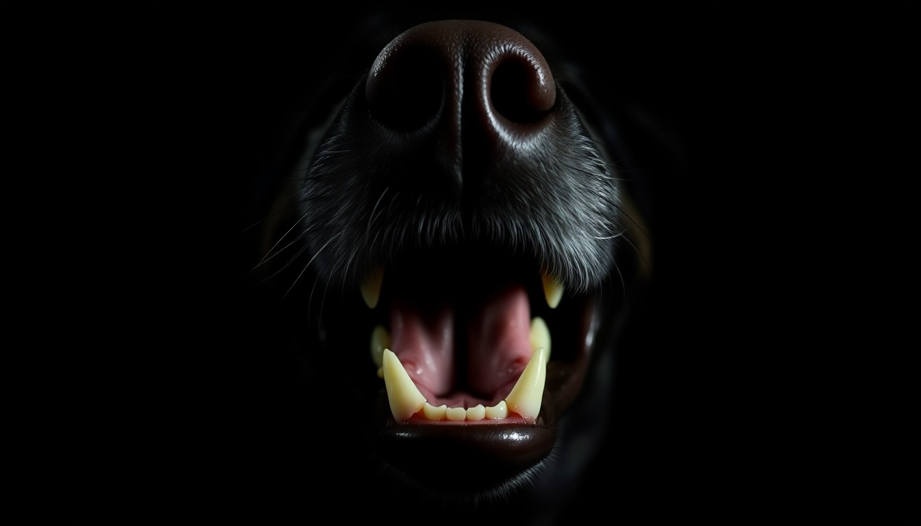 An extreme close-up photograph of a dog's sharp teeth and gums, lit by a harsh, direct camera flash against a pitch-black background, creating a stark, gritty, investigative aesthetic.
