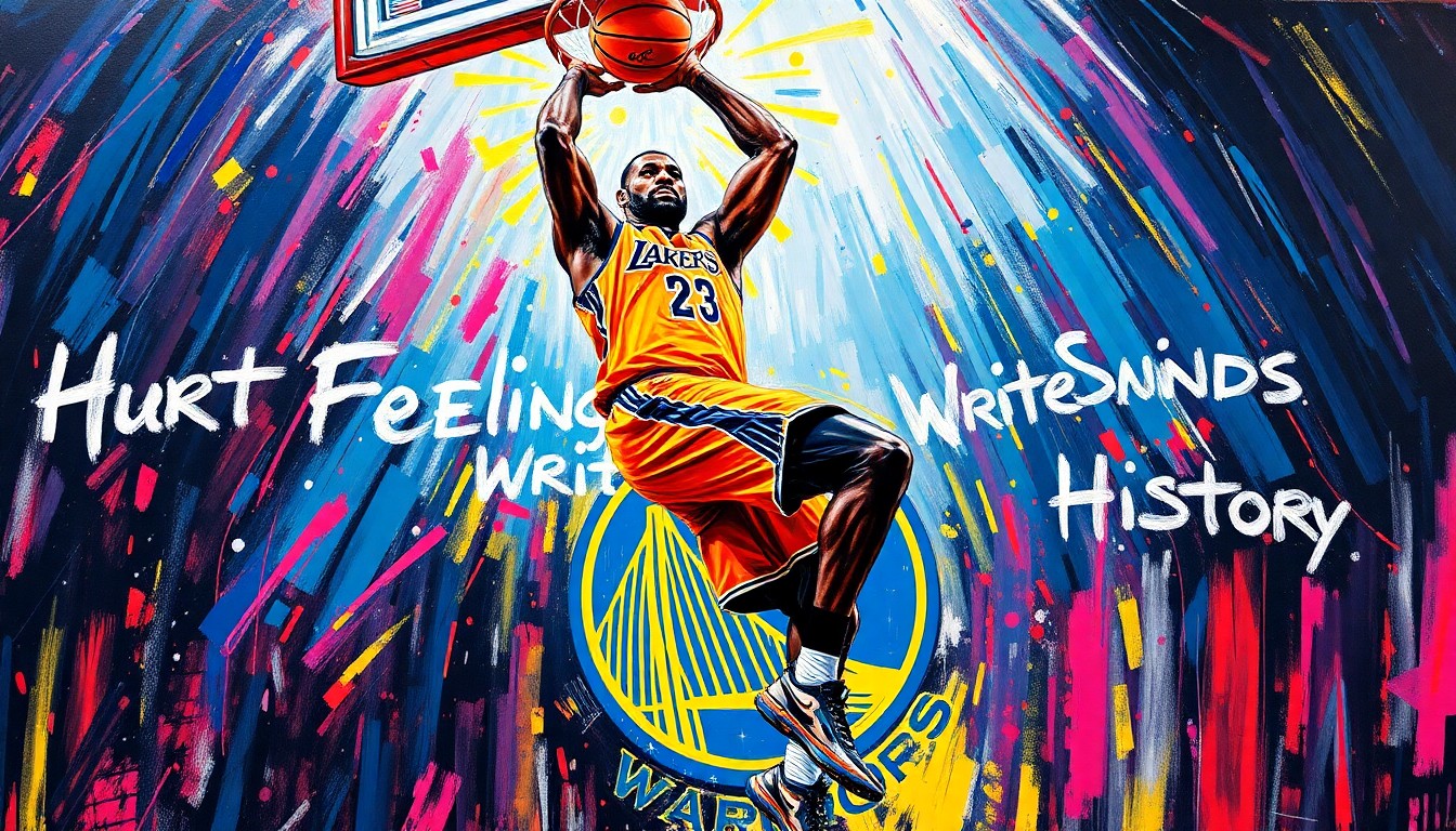 An abstract expressionist painting in neon colors depicting the powerful, dynamic motion of LeBron James dunking a basketball, capturing the intensity and competitive spirit of his 2016 NBA Finals victory over the Golden State Warriors.