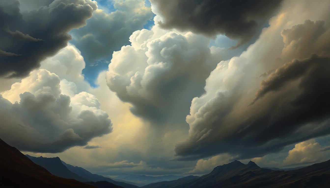 A dramatic, atmospheric landscape painting in muted tones of grey, blue, and green, depicting a rugged, mountainous terrain shrouded in a veil of heavy storm clouds, conveying the sublime power of nature.