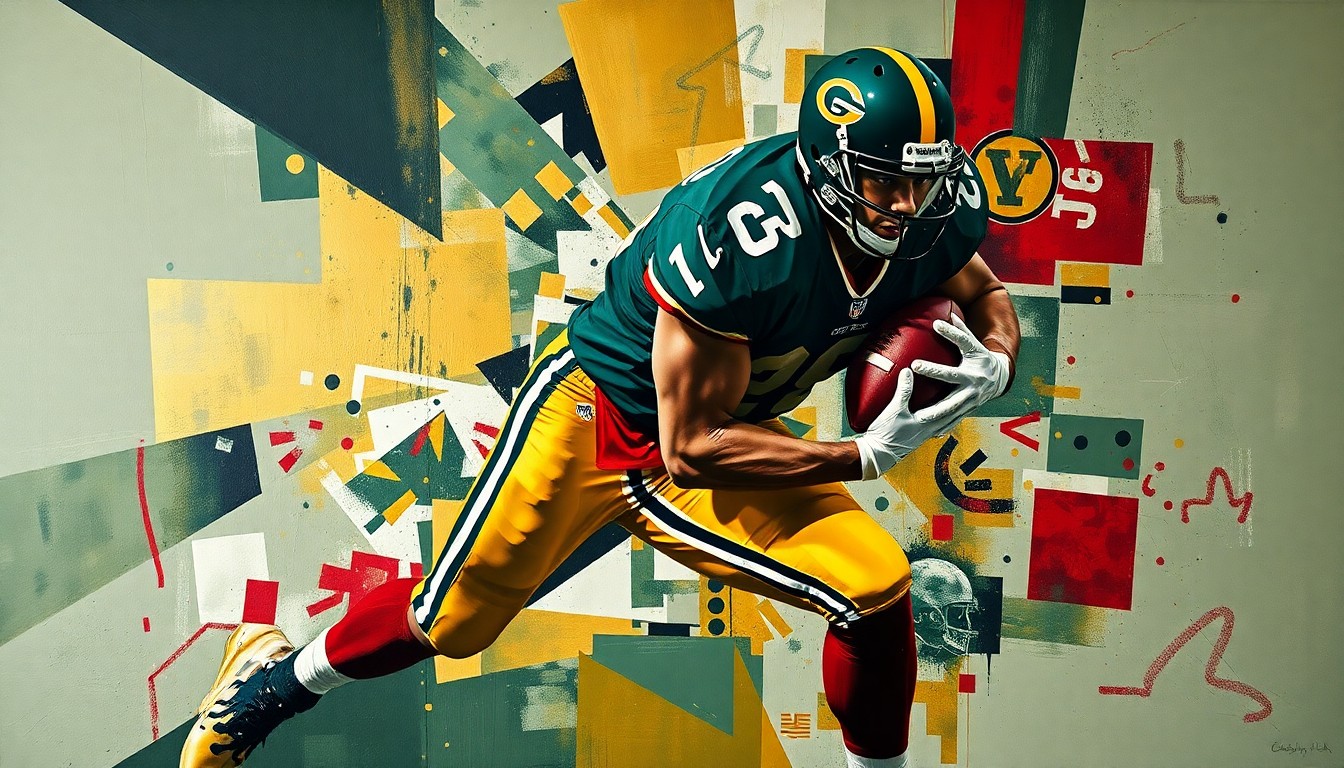 A fragmented, geometric painting depicting the dynamic motion of a football player in the midst of a pass rush, with sharp planes of dark green, gold, and red hues creating an abstract, energetic composition.