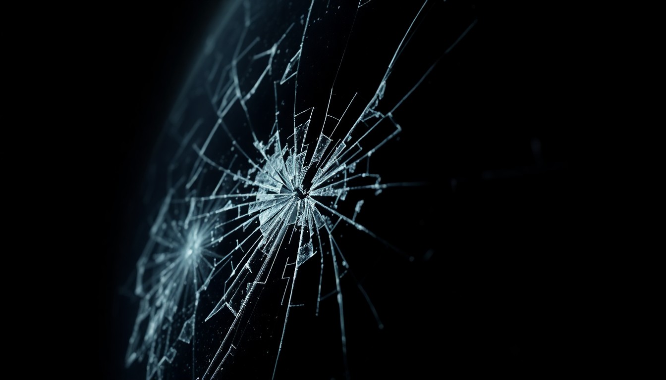 An extreme close-up photograph of shattered car window glass, capturing the stark, gritty aftermath of the vandalism incidents in a dramatic, investigative style.
