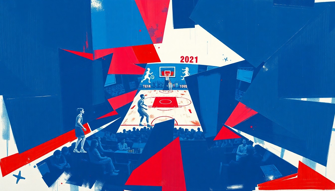 A cubist, geometric painting depicting the action of a women's basketball game, with overlapping planes of navy, red, and white shapes conveying the dynamic energy of the sport.