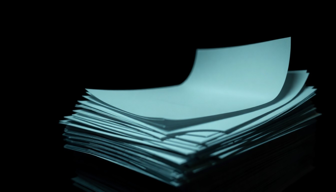 An extreme close-up of a stack of medical documents and files, lit dramatically by a harsh flash against a dark background, conveying the serious, investigative nature of the fraud probe.