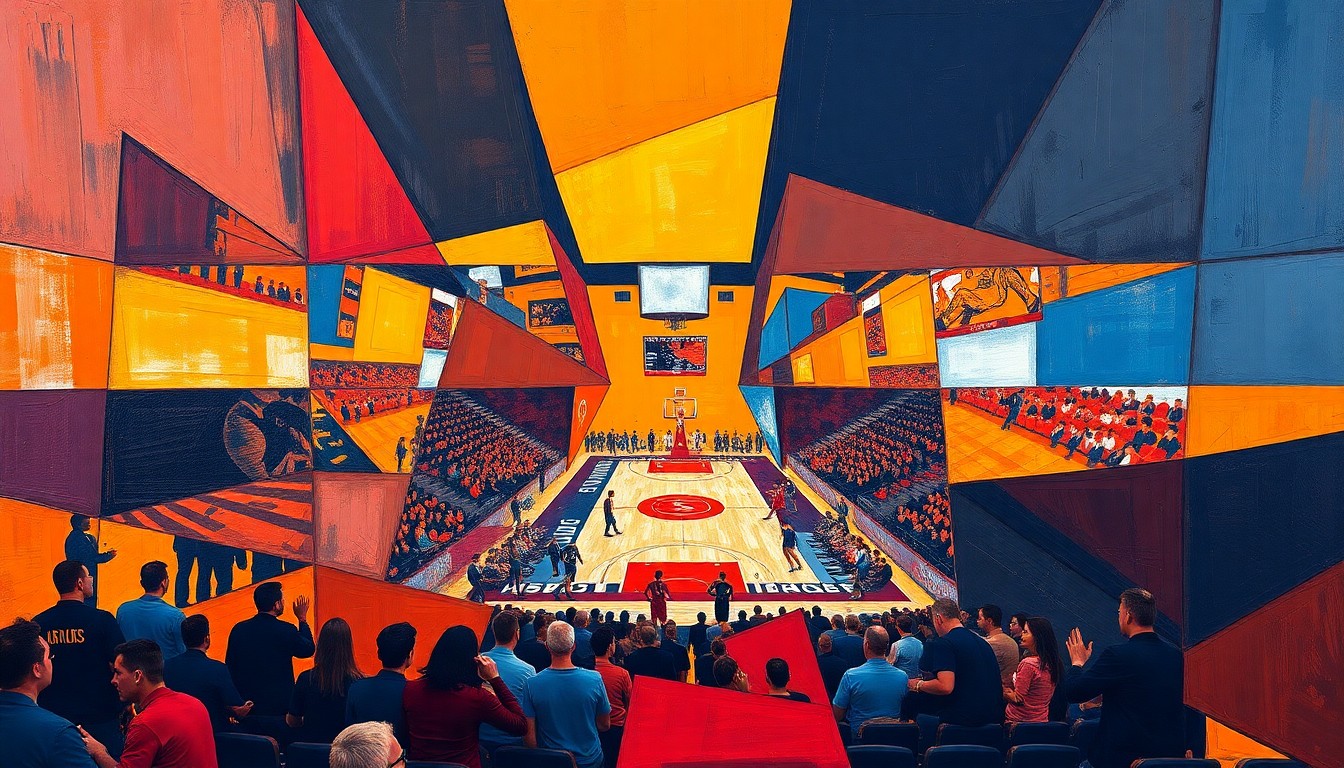 A cubist, geometric painting depicting the chaotic action of a college basketball game, with sharp planes of color representing the players and court.