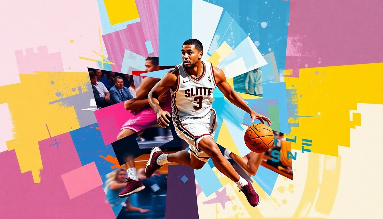 A fragmented, geometric painting depicting the motion and energy of a college basketball player, with the vibrant colors of the Florida State Seminoles' uniforms.