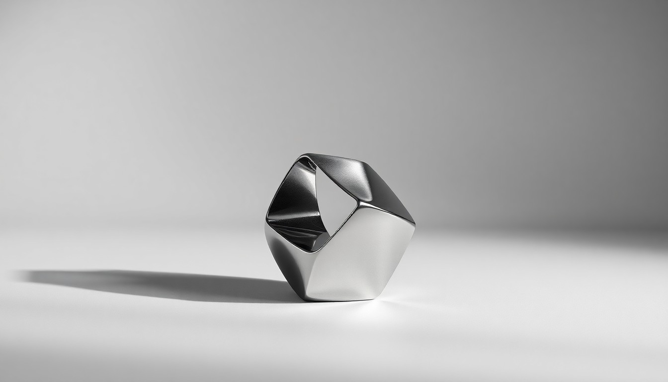 A polished, geometric metal sculpture or abstract object representing the concept of decision-making under pressure, arranged elegantly on a clean, monochromatic background with dramatic studio lighting and deep shadows.