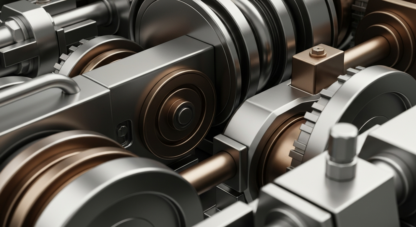 A highly detailed, cinematic close-up of heavy, polished banking mechanisms and machinery in shades of steel, bronze, and chrome, conveying a sense of institutional financial power and security without using literal currency or charts.