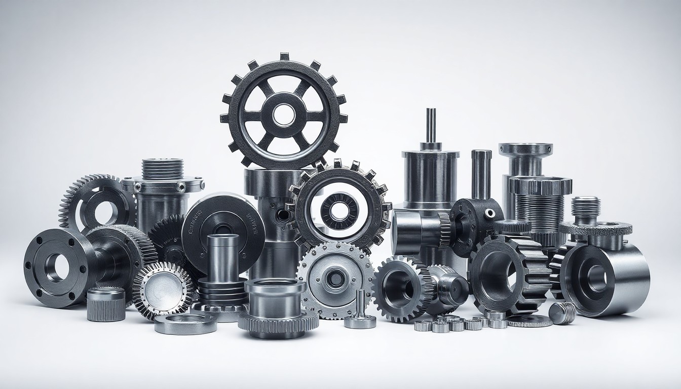 A high-end, photorealistic studio still-life photograph featuring a collection of precision-machined metal components, gears, and other industrial parts arranged elegantly on a clean, monochromatic seamless background, conceptually representing the advanced manufacturing capabilities found in Indianapolis.