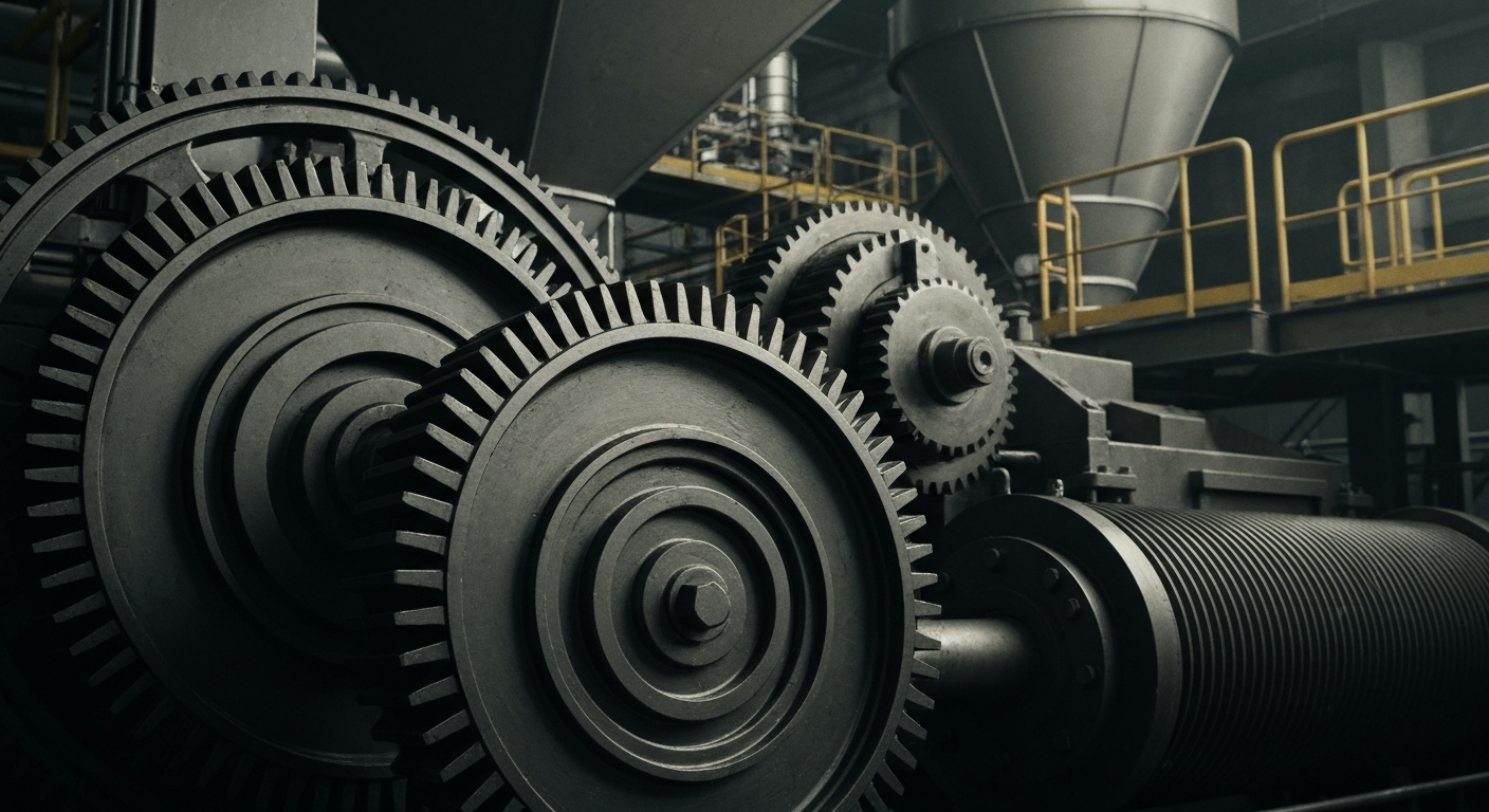 An extreme close-up of the complex, interlocking gears and components of an industrial potato processing plant, conveying the scale and sophistication of Lamb Weston's financial operations.