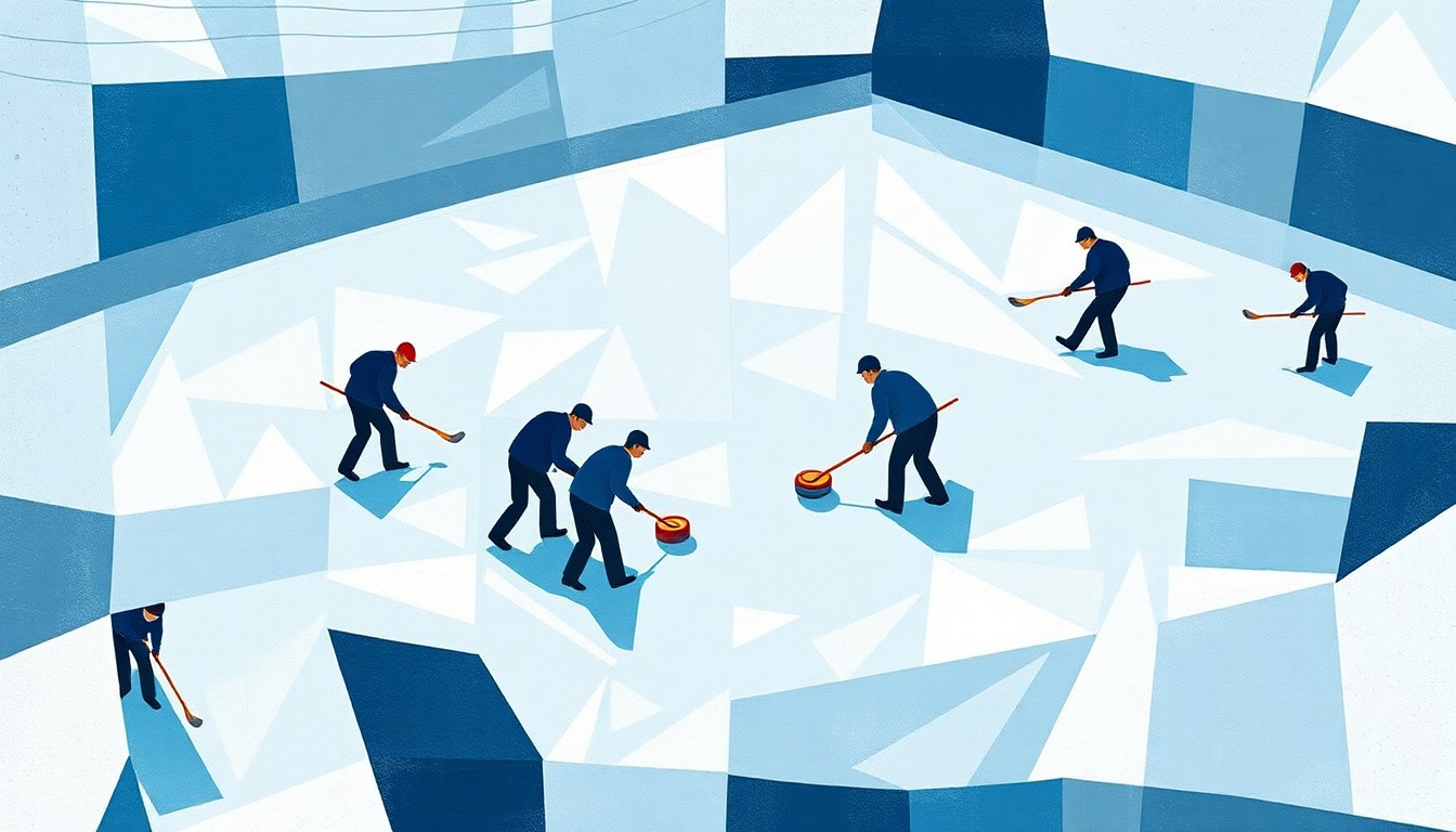A fragmented, geometric painting depicting the various elements of a curling match - the ice, brooms, and curling stones - in an abstract, cubist style using cool tones of blue, gray, and white to convey the sport's icy, strategic nature.