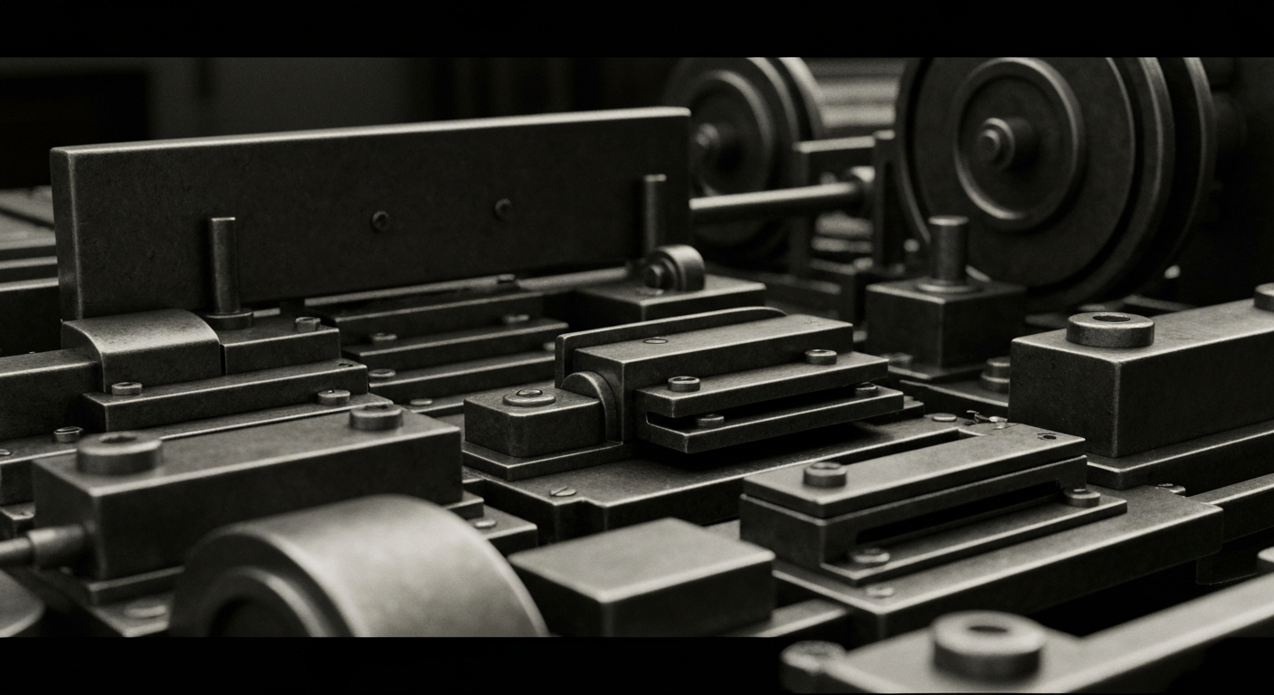 A close-up of complex financial machinery and instruments, conveying the tangible, industrial nature of the banking industry without using literal currency or charts.