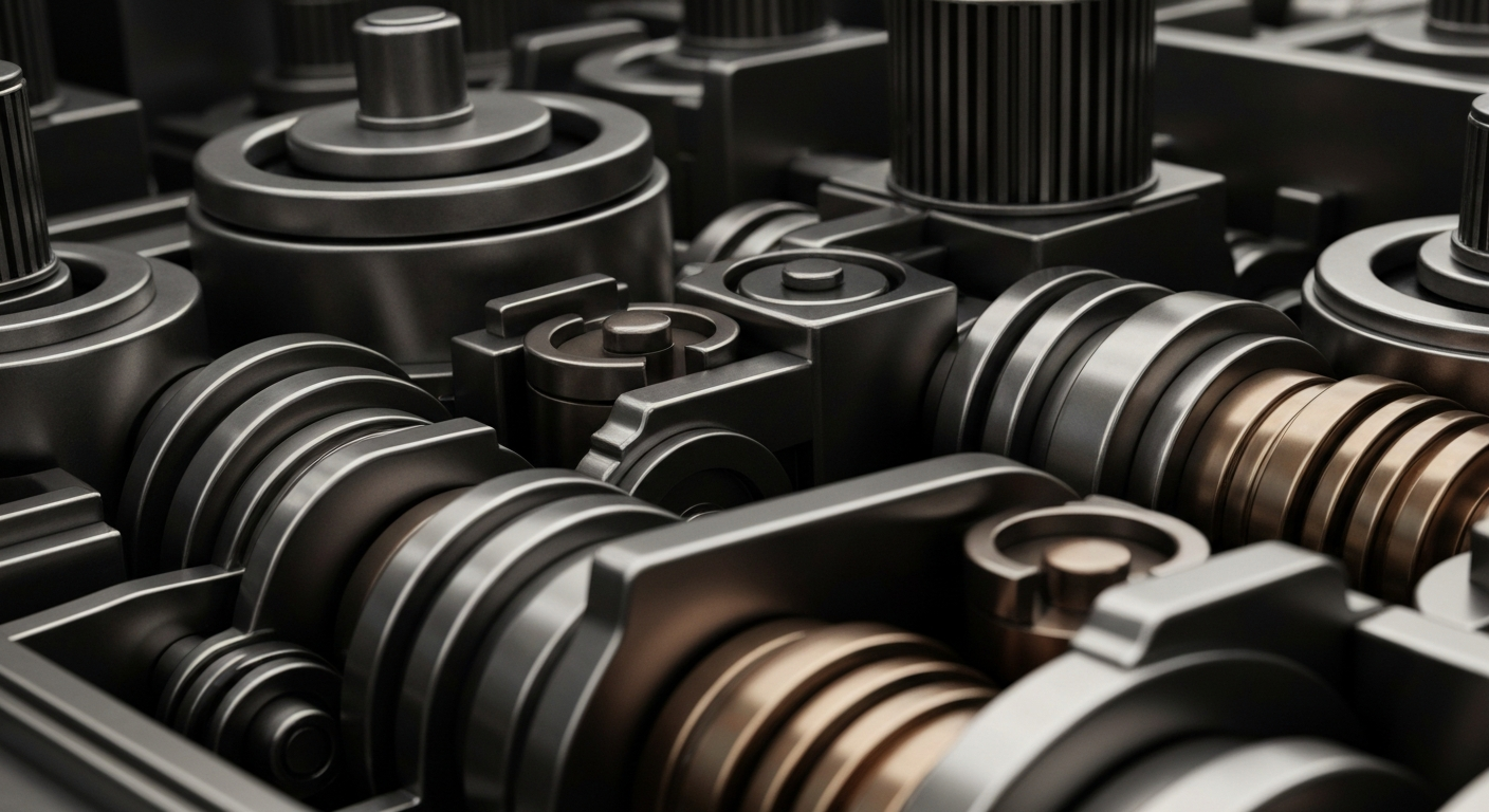 A dramatic, high-contrast close-up of intricate, metallic banking mechanisms and components, conveying a sense of institutional power and financial security without using any literal currency or charts.