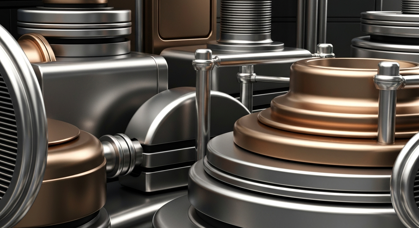 An extreme close-up of highly textured, industrial banking equipment and machinery in shades of steel, bronze, and chrome, conveying a sense of institutional financial power and security without using literal currency or charts.