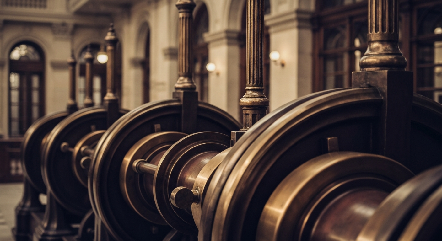 An extreme close-up of intricate, interlocking gears and levers in a banking vault, conveying a sense of institutional stability and financial security.