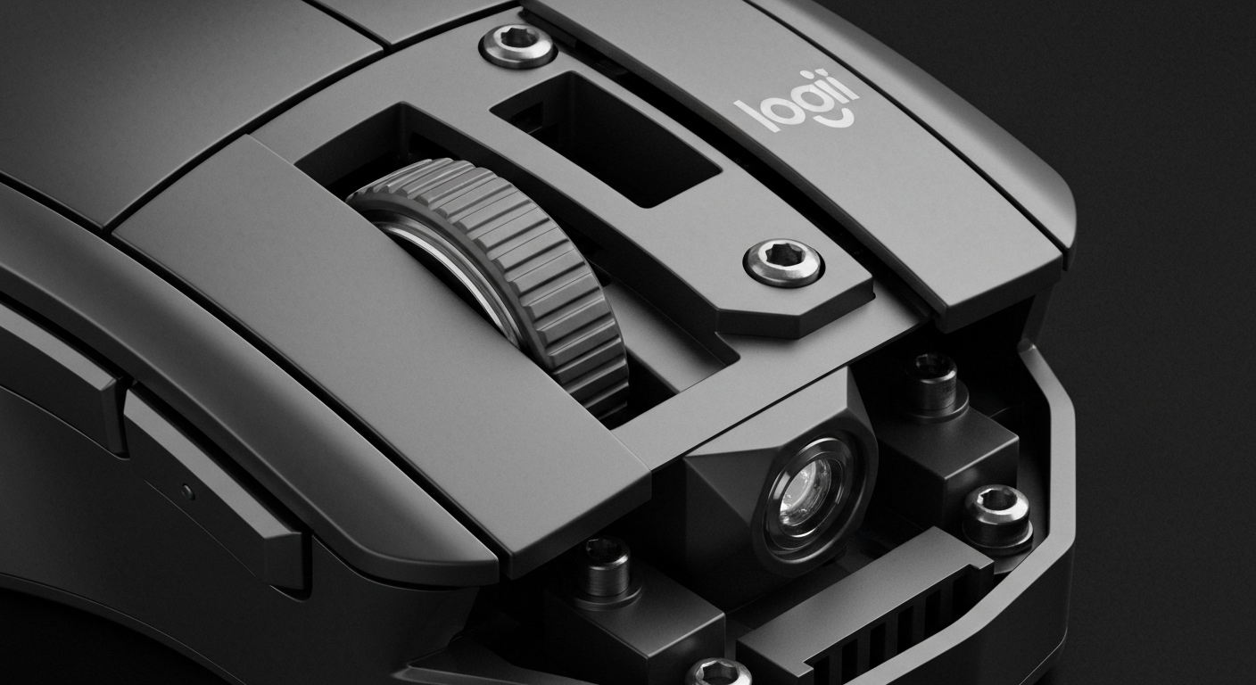 A high-contrast, cinematic close-up of the intricate mechanical components inside a Logitech computer mouse, representing the company's technical expertise and financial stability.