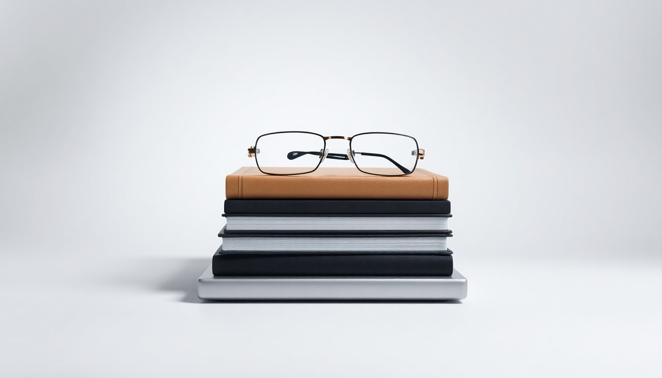 A minimalist studio still life photograph featuring a stack of textbooks, a laptop, and a pair of eyeglasses arranged elegantly on a clean, white background, conceptually representing the abstract ideas of education technology and personalized learning.