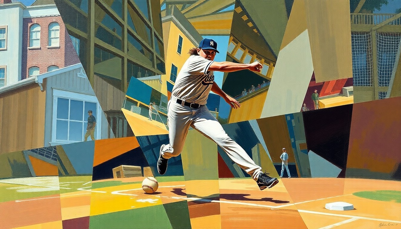 A fragmented, geometric painting depicting a baseball shortstop fielding a ground ball, with the player's body and the ball broken down into sharp, overlapping shapes and planes of color.