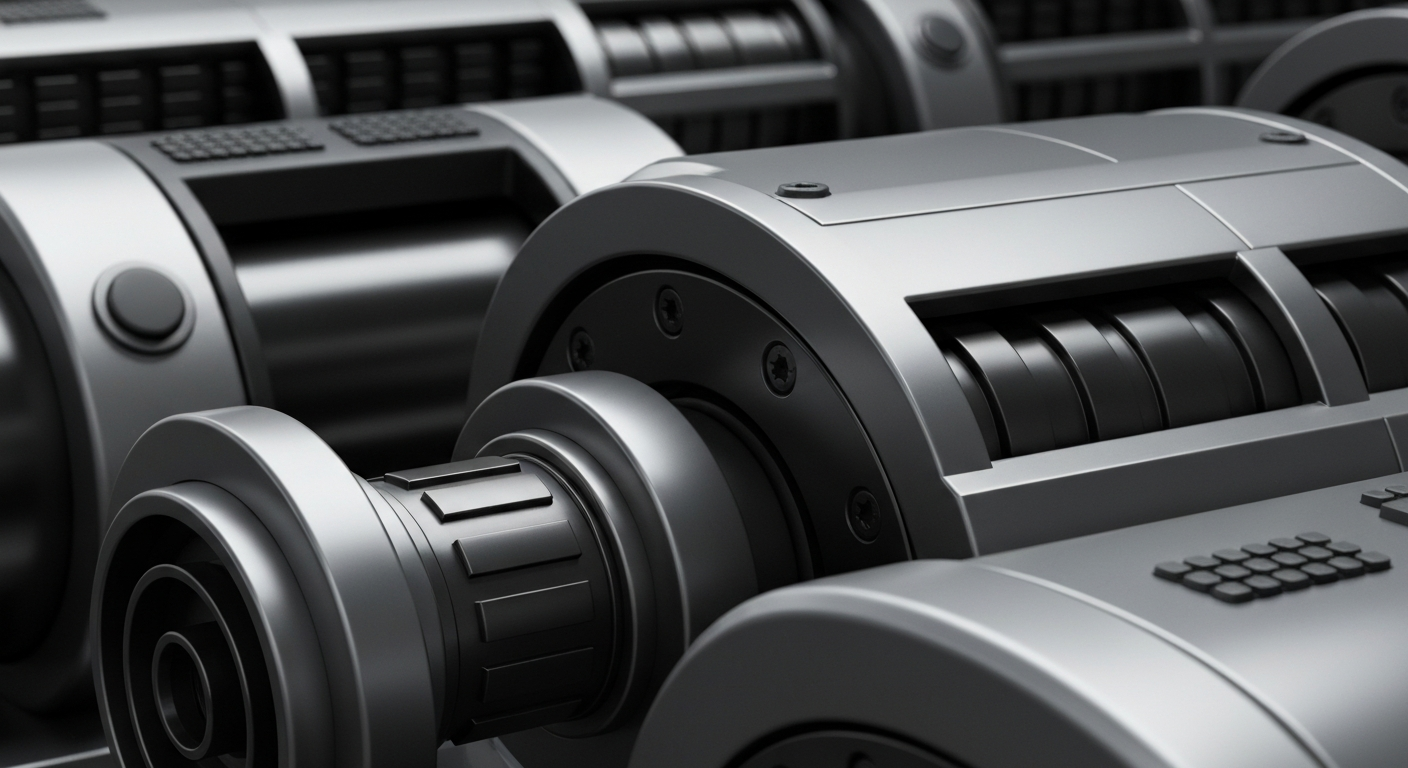 A close-up of heavy, industrial banking equipment and machinery in shades of steel gray, silver, and black, conceptually representing the financial infrastructure that underpins the economy.