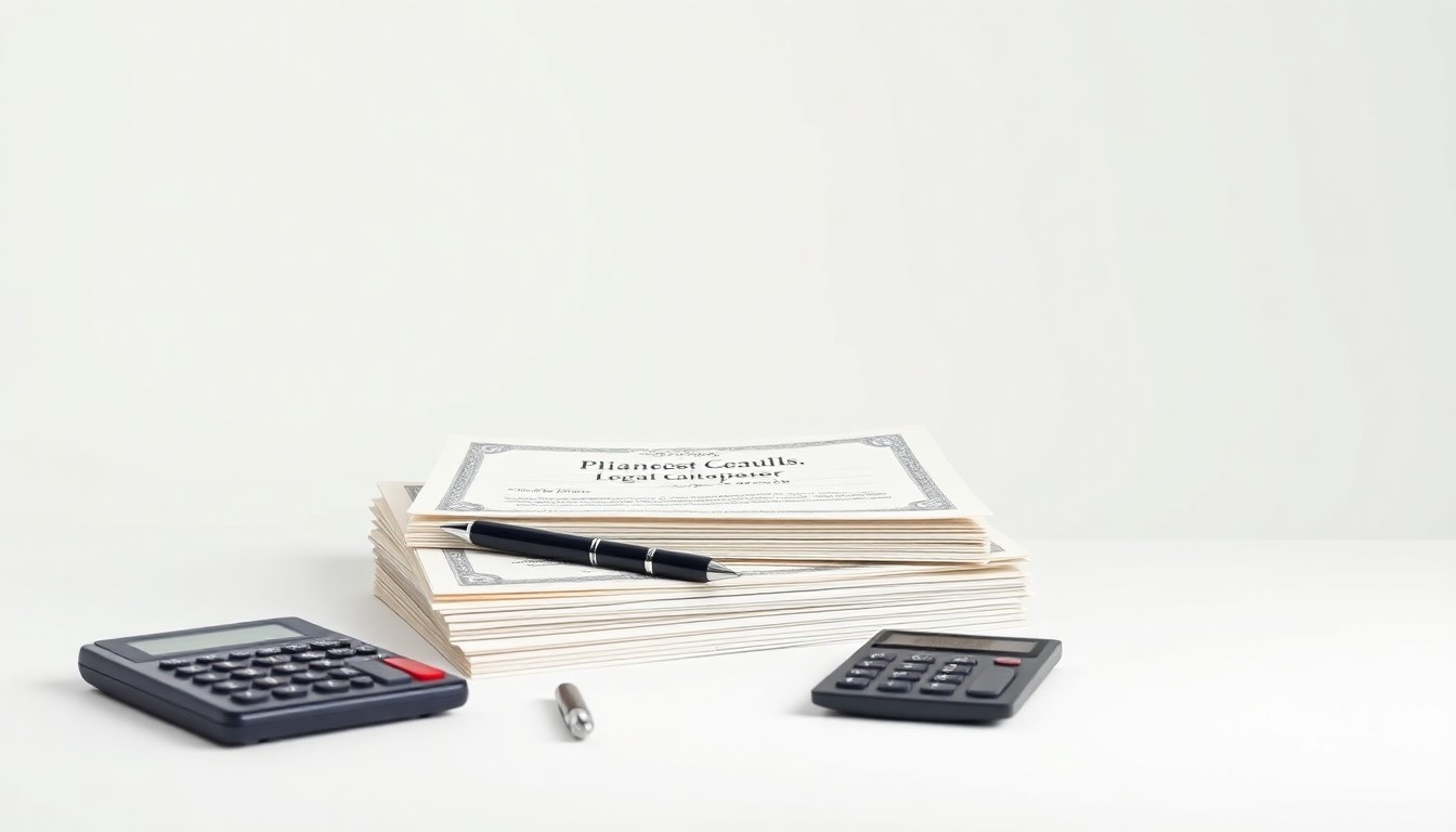 A minimalist, photorealistic studio still life featuring a stack of stock certificates, a pen, and a calculator on a clean, monochromatic background, symbolizing the financial and legal aspects of employee stock grants.