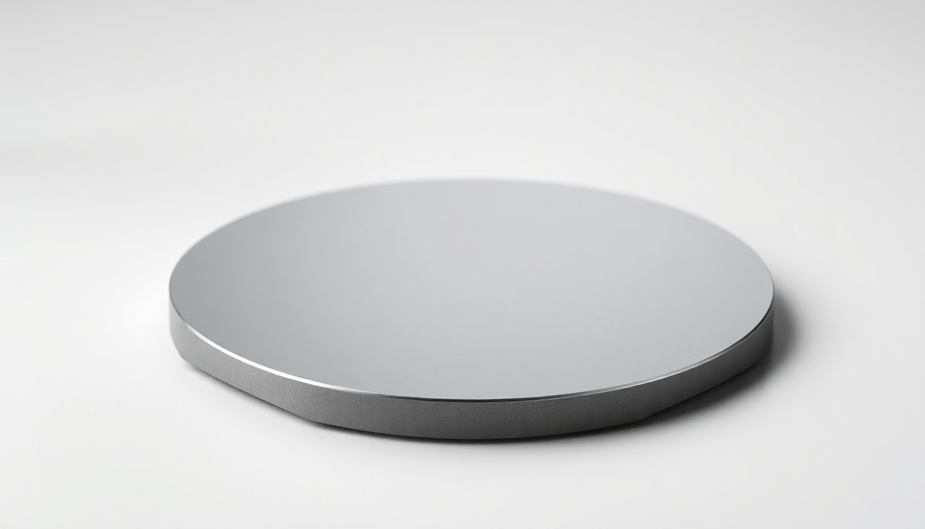 A photorealistic studio still life of a polished, geometric silicon wafer or semiconductor chip component, shot against a clean, monochromatic background with dramatic lighting, representing the specialized materials produced by AXT, Inc.