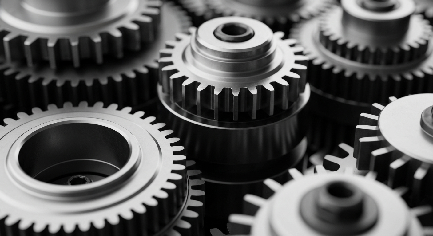 A close-up photograph of shiny, interlocking metal gears and machinery in industrial silver and black tones, representing the sophisticated technology and financial infrastructure underlying enterprise software companies like Pega.