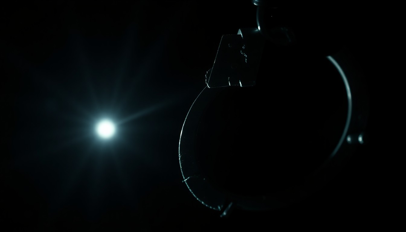 An extreme close-up photograph of a damaged police handcuff against a pitch-black background, conceptually representing the physical evidence from a disputed arrest and the need for transparency.