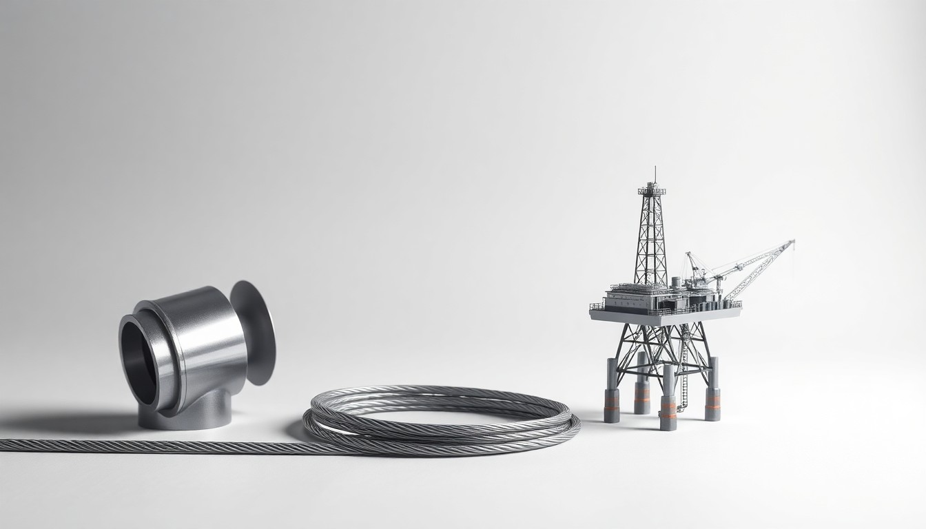 A photorealistic studio still life featuring polished metal and geometric shapes, representing the abstract concepts of offshore energy infrastructure and technological innovation.