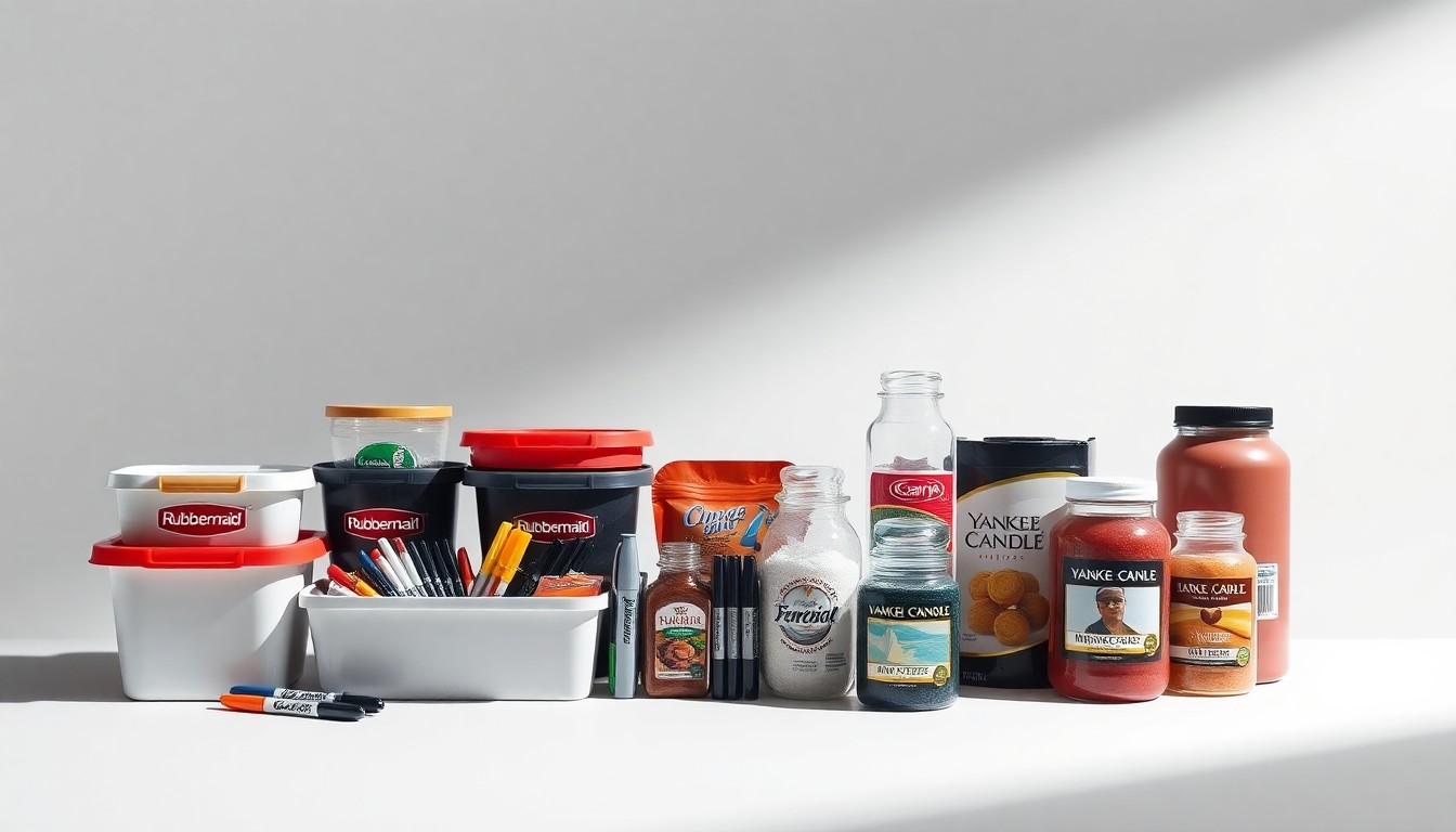 A high-end, photorealistic studio still-life photograph featuring a neatly arranged collection of various Newell Brands consumer products, such as Rubbermaid containers, Sharpie markers, and Yankee Candle jars, set against a clean, monochromatic background and dramatically lit to convey a sense of premium quality and corporate strategy.