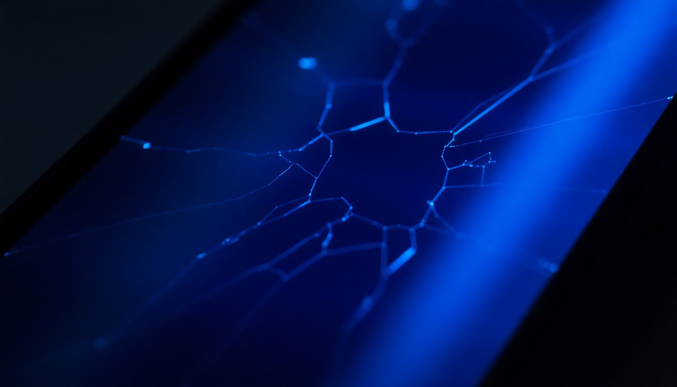 An extreme close-up photograph of a cracked smartphone screen reflecting a faint blue light, conceptually illustrating the digital exploitation of a minor.