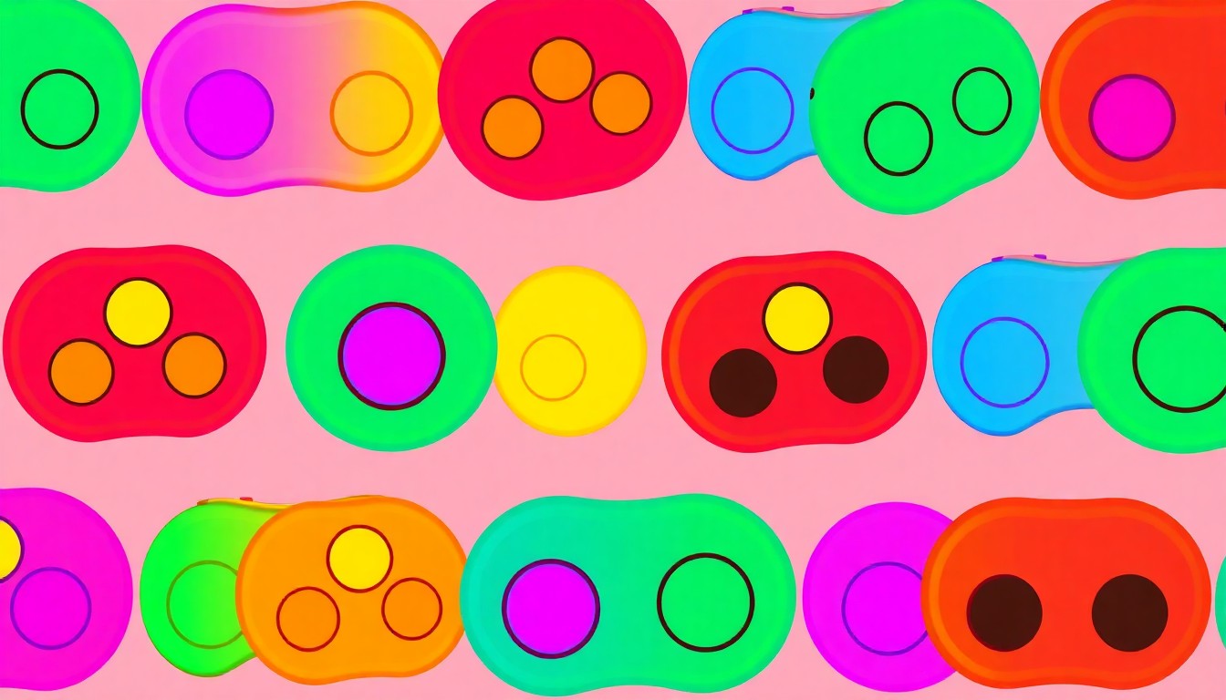 A brightly colored, high-contrast silkscreen print of a single, iconic NeeDoh fidget toy repeated in a tight grid pattern, conceptually representing the widespread popularity and demand for the sensory toys.