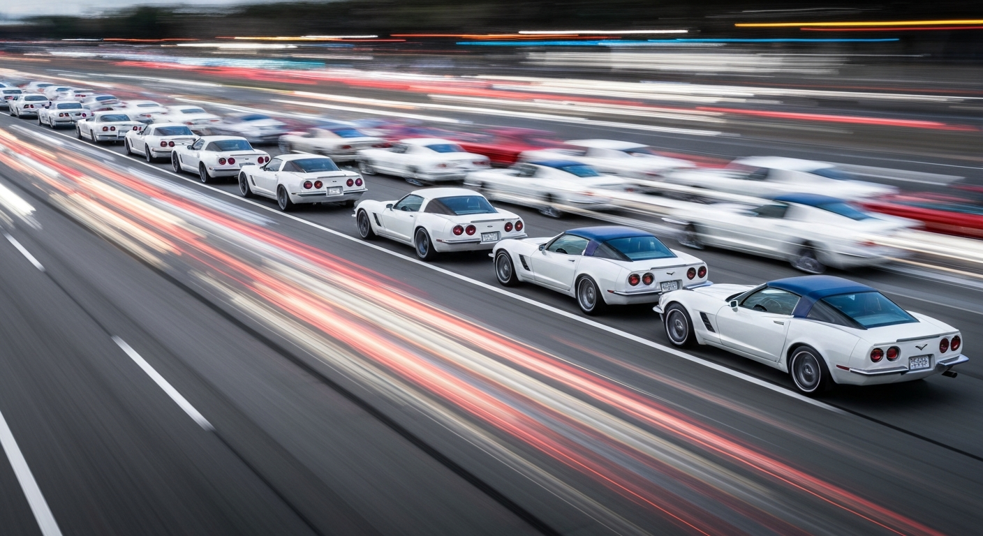 An abstract, motion-blurred image of 13 Corvette E-Rays in vibrant shades of white, blue, and red, conveying the speed and energy of the Indianapolis 500 Festival.