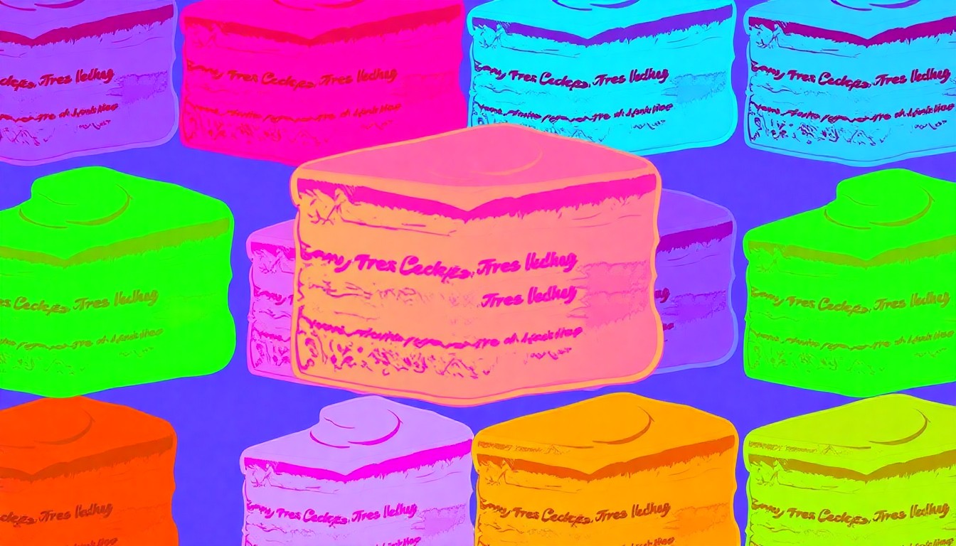 A bold, colorful silkscreen print featuring a repeated image of a Tres Leches cake, conceptually representing the beloved bakery's impact on the local community.