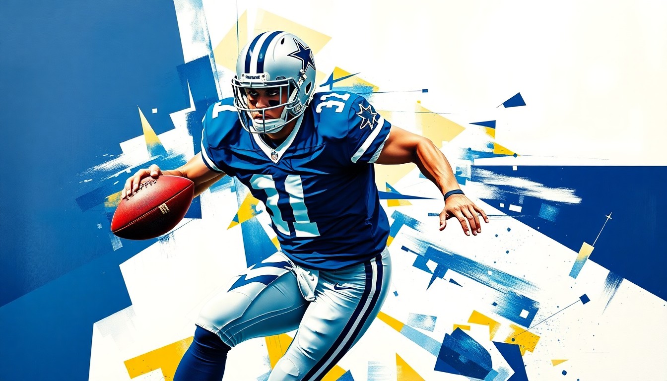 A cubist-style painting depicting a football player in mid-motion, with their body fractured into sharp, overlapping geometric shapes in the colors of the Dallas Cowboys' team palette, capturing the energy and movement of the sport.