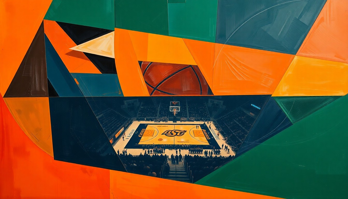 A fragmented, cubist-style painting depicting an Oklahoma State basketball player in motion, their form broken down into overlapping geometric shapes in shades of orange, blue, and green.
