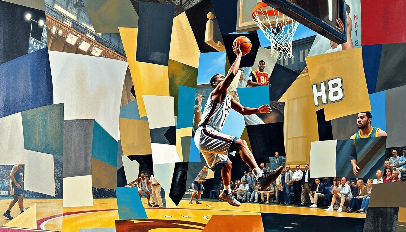 A fractured, multi-angled painting depicting a basketball player driving to the hoop, their form broken down into sharp, overlapping geometric shapes and planes in a cubist style.