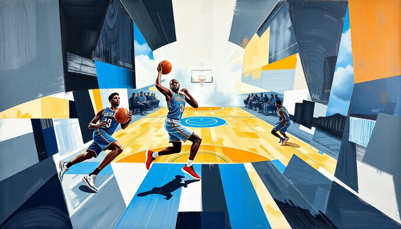 A vibrant, cubist-style painting depicting the dynamic movements and energy of a basketball game, with the players and court fragmented into sharp, geometric shapes and planes of color.