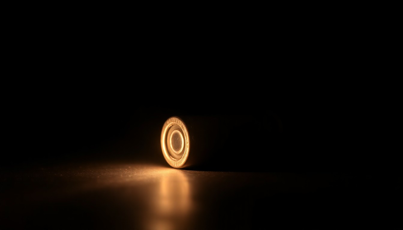 An extreme close-up of a single bullet casing on a dark surface, lit by a harsh, direct camera flash, conceptually representing the gritty details of a violent crime investigation.