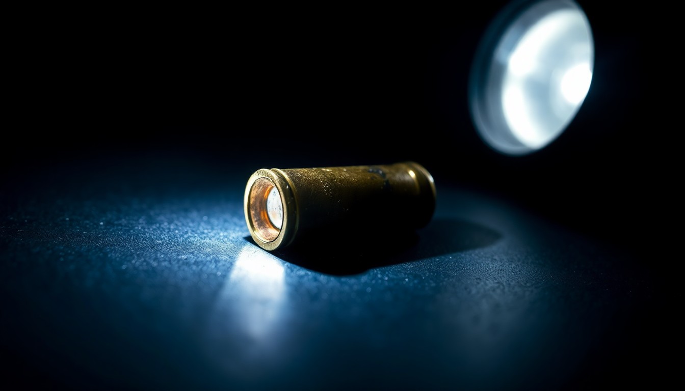 An extreme close-up photograph of a spent bullet casing on a dark surface, lit by a harsh, direct camera flash, conceptually representing the investigation into a recent shooting incident involving a young person.