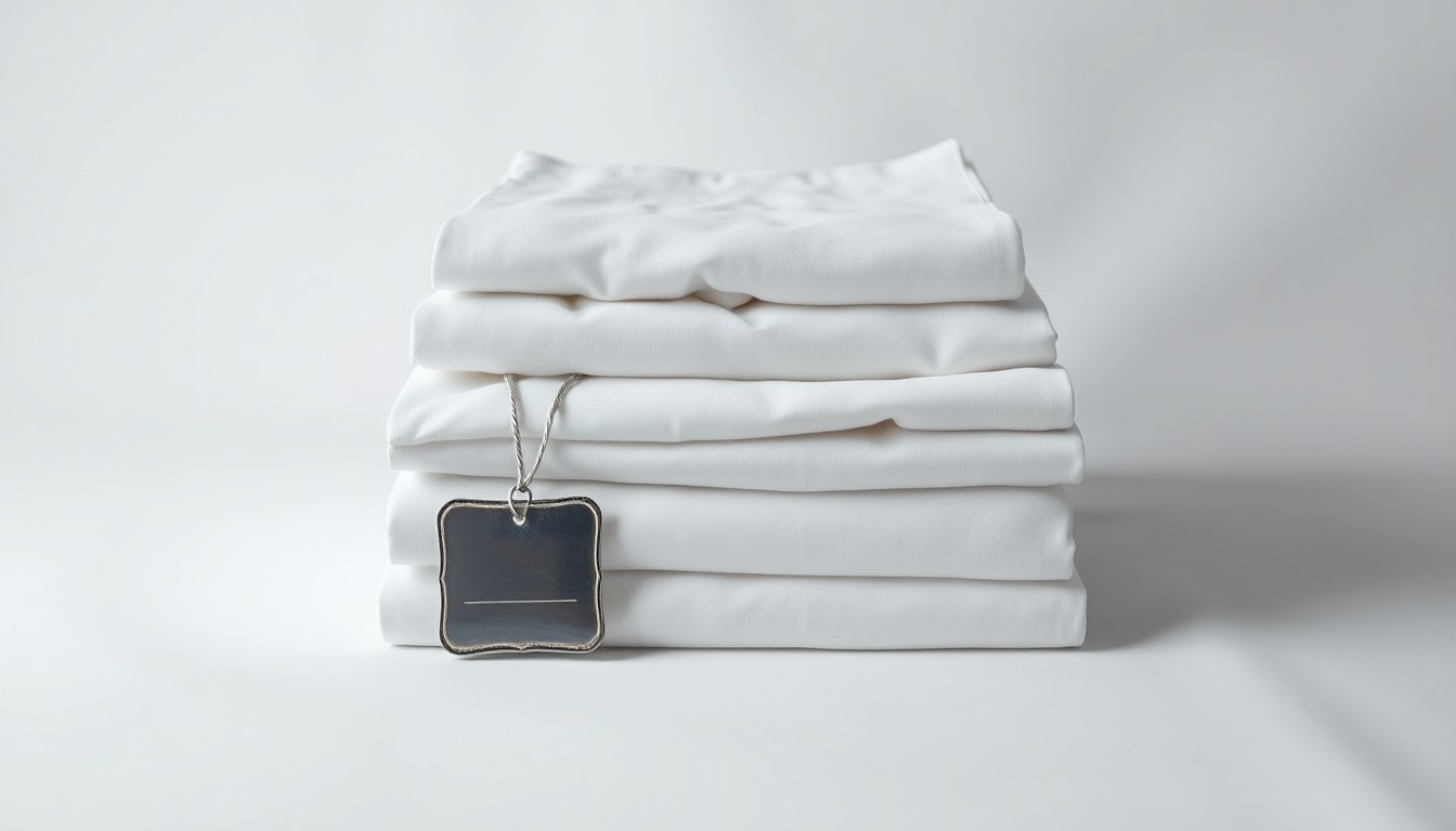 A photorealistic studio still life featuring a stack of crisp, white linen sheets and a metal laundry tag, arranged elegantly on a clean, monochromatic background and dramatically lit to convey the tension between labor and management in the commercial laundry industry.