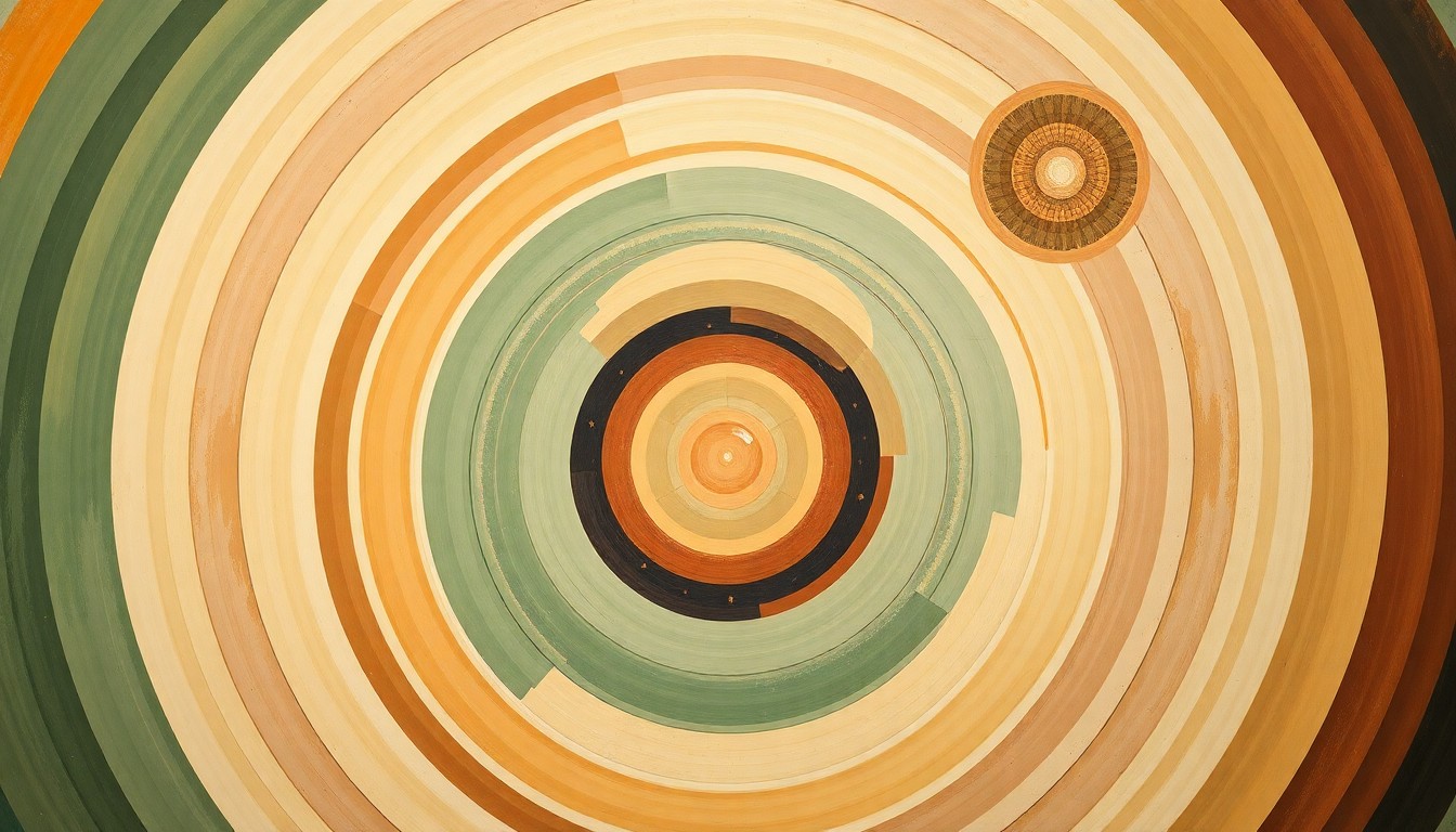 A highly structured abstract painting in muted earth tones, featuring sweeping geometric arcs, concentric circles, and precise botanical spirals, conveying the scientific and educational mission of the Mid-America Science Museum.