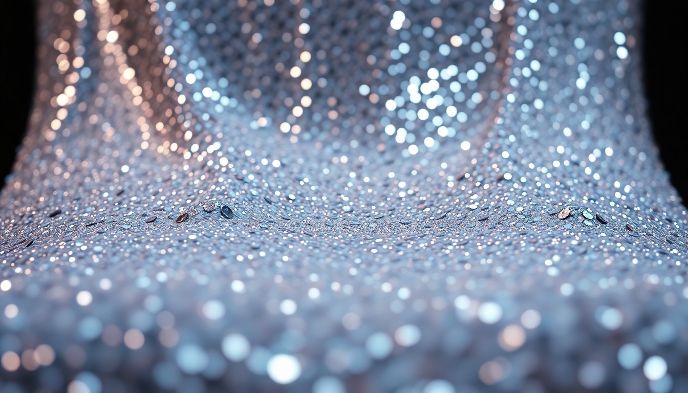 An extreme macro photograph of shimmering, glittering sequins captured in dramatic, high-contrast studio lighting, conceptually representing the glamour and body image pressures faced by LGBTQ+ individuals in Hollywood and beyond.