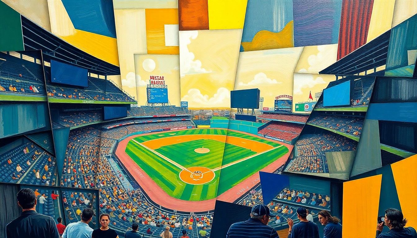 A cubist, geometric painting depicting a baseball game in progress, with players and the field broken down into overlapping angular shapes and planes in a variety of bright colors.