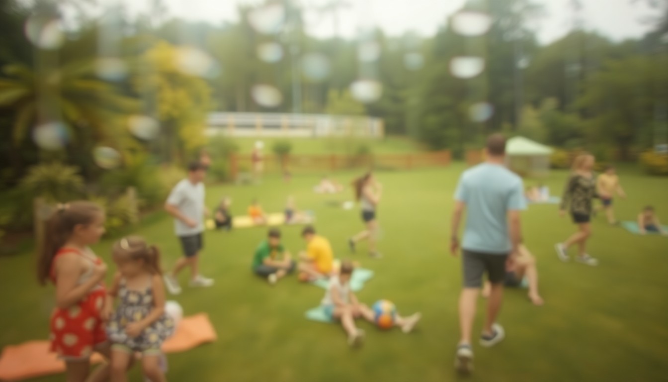 An abstract, impressionistic scene of people enjoying various recreational activities in a lush, green setting, with soft, warm colors and gentle light creating a sense of tranquility and community.