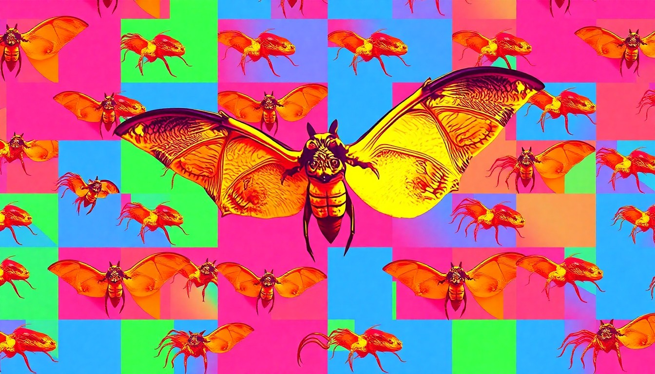 A high-contrast silkscreen print in neon colors depicting a grid of stylized taxidermied animal specimens, conceptually representing the diverse oddities on display at the Pangora's Box expo.