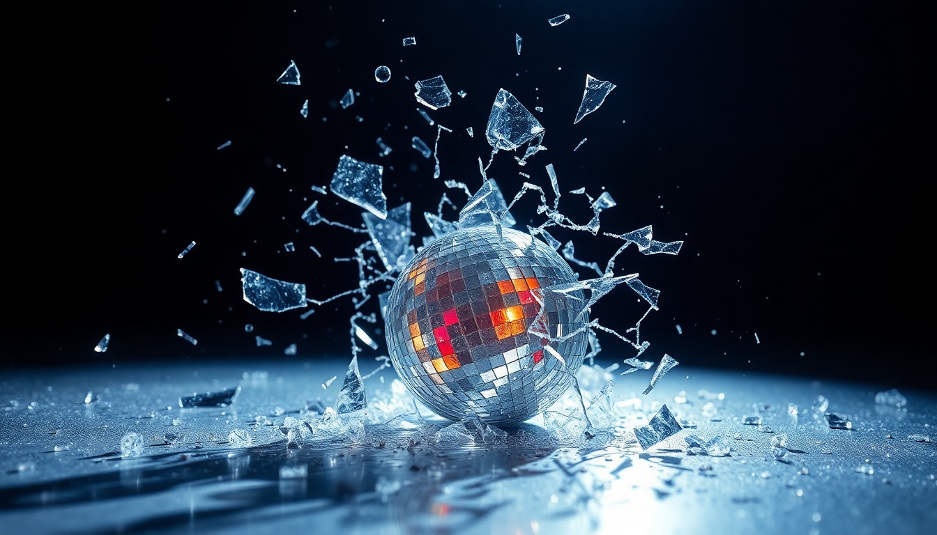 An extreme close-up of shattered, glittering glass fragments reflecting dramatic studio lighting, conceptually representing the surprising and disorienting elimination of a frontrunner on a reality TV competition show.