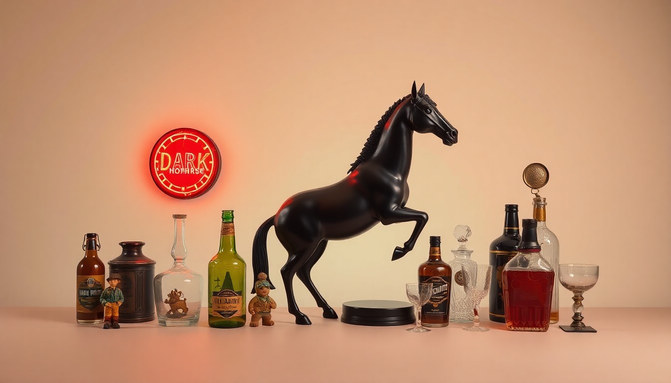 A high-end, photorealistic studio still-life photograph featuring a collection of vintage bar decor items like neon signs, kitschy figurines, and antique glassware arranged elegantly on a clean, monochromatic background, conceptually representing the unique character and legacy of the recently shuttered Dark Horse bar.