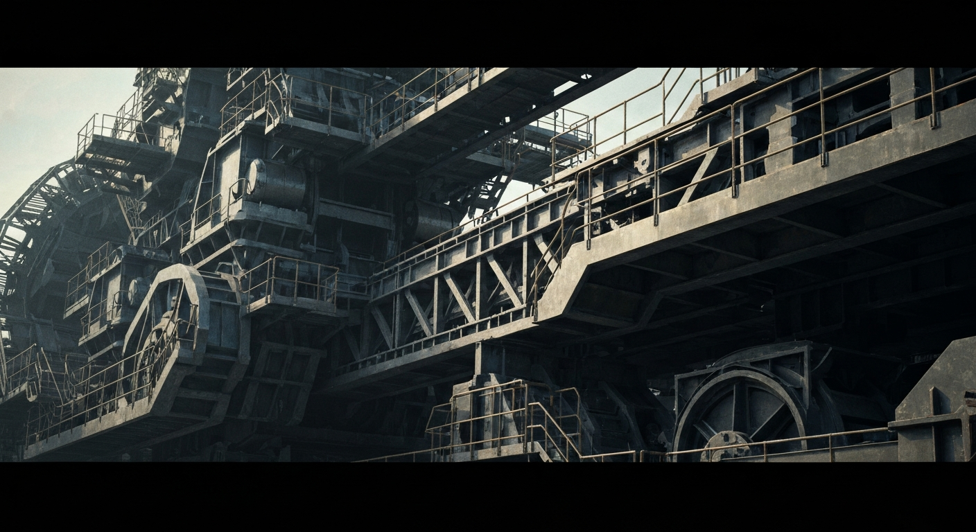 An extreme close-up of the gears, pulleys, and metal components of a large mining machine, conveying the physical scale and industrial nature of Coeur Mining's operations.