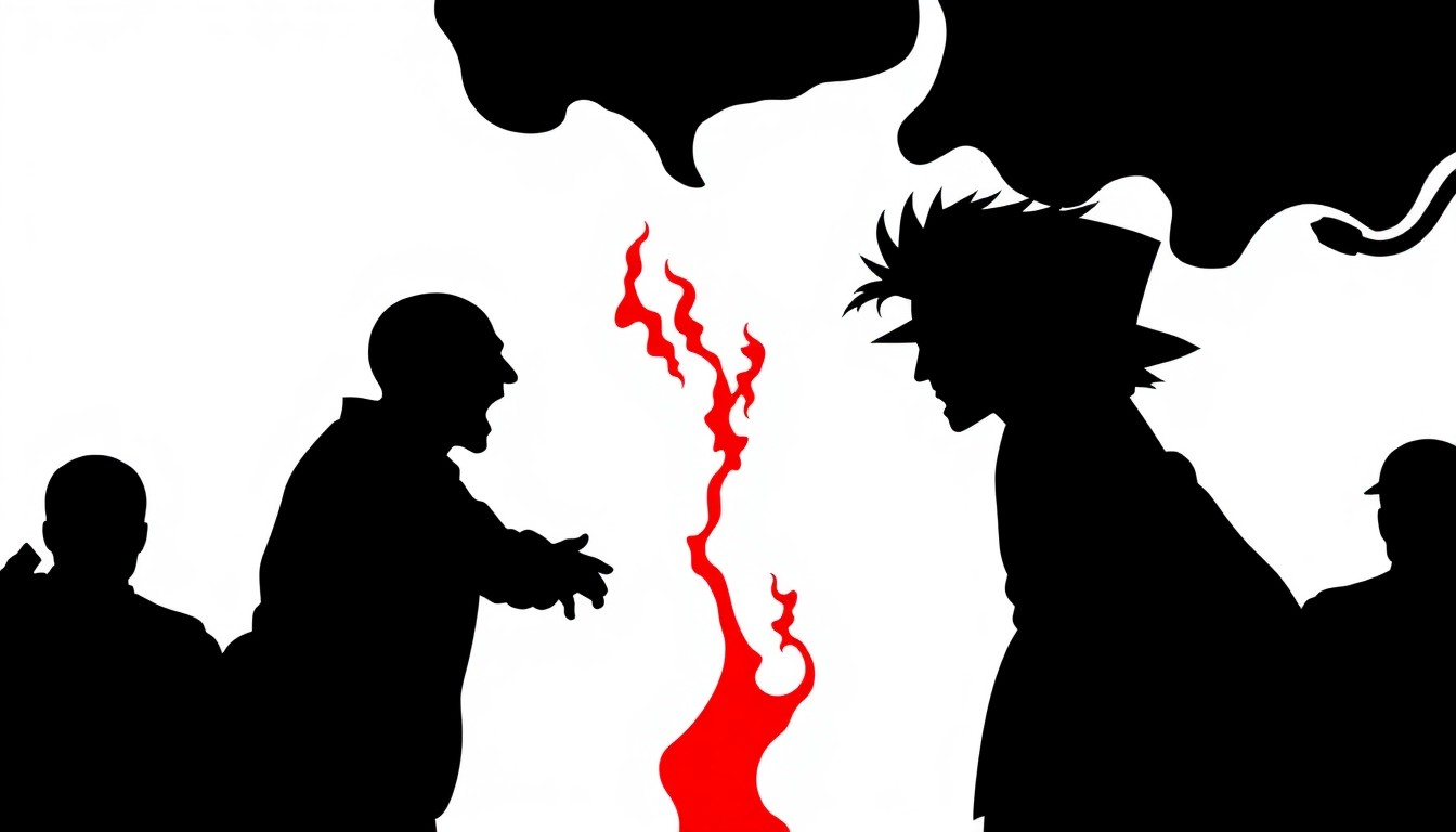 A minimalist black and white illustration depicting two abstract human figures in a confrontational pose, conveying the emotional intensity of customer disputes.